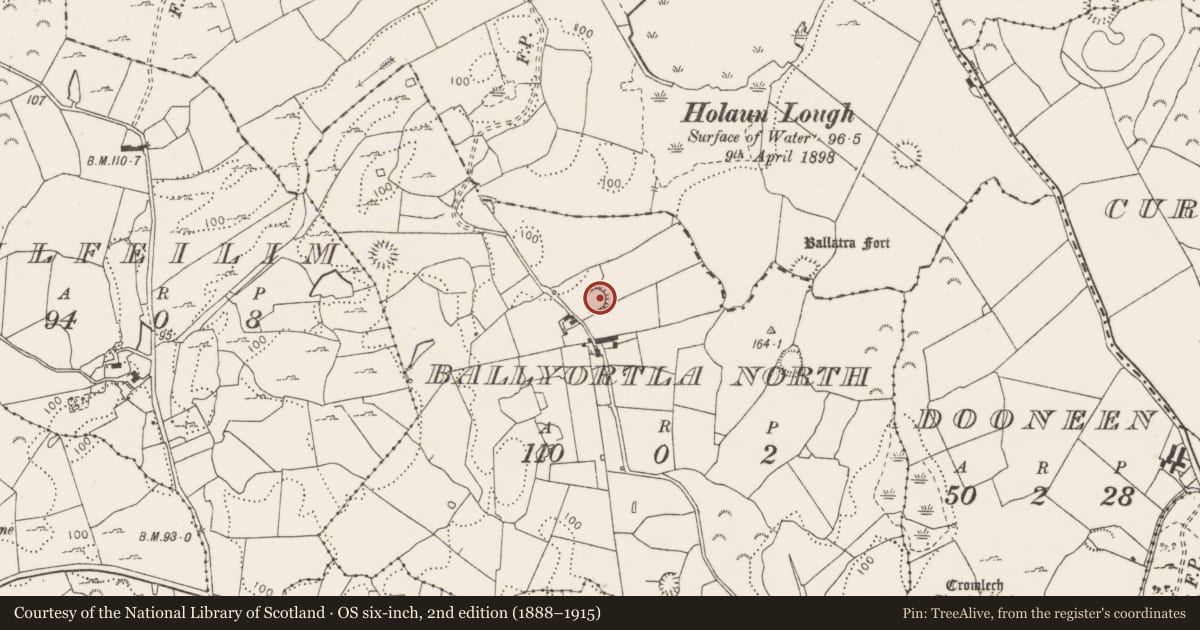 Ordnance Survey six-inch map, 2nd edition (1888–1915) covering the location of Earthwork, Ballyortla North, County Clare, with a pin at the register's coordinates