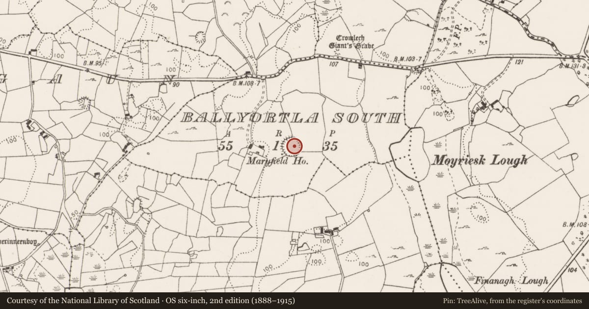 Ordnance Survey six-inch map, 2nd edition (1888–1915) covering the location of Ringfort - cashel, Ballyortla South, County Clare, with a pin at the register's coordinates