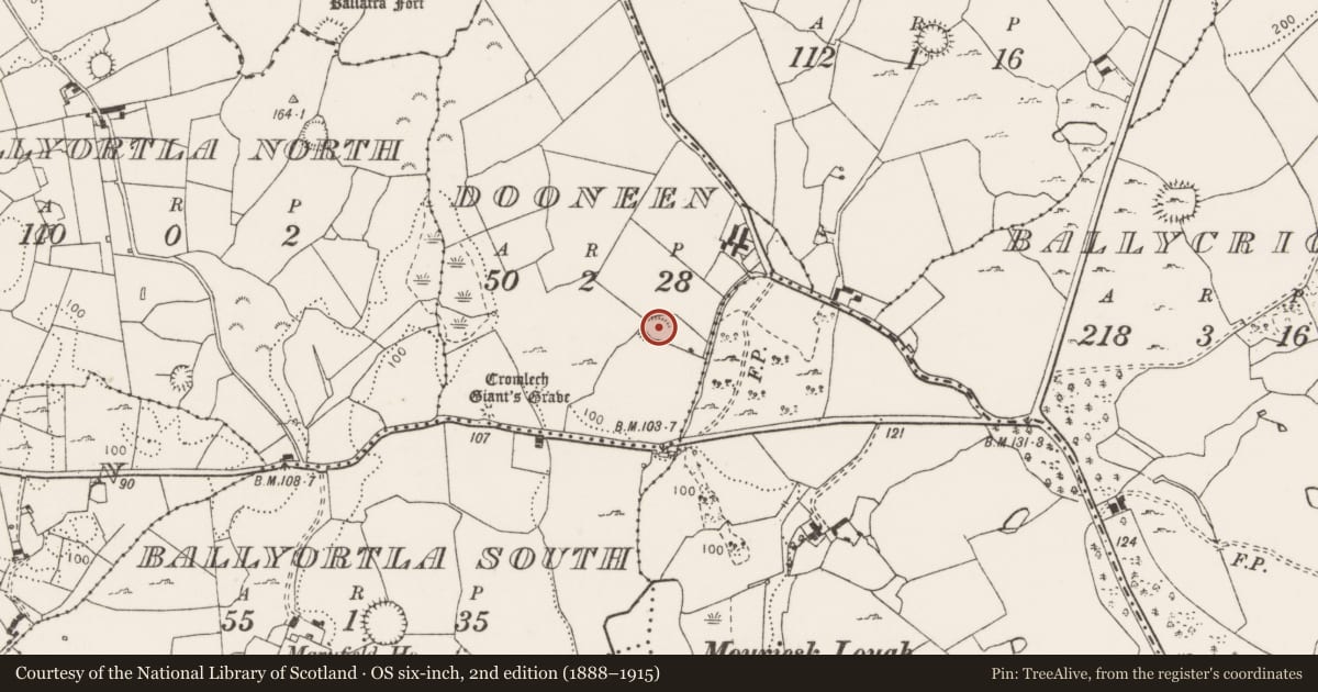 Ordnance Survey six-inch map, 2nd edition (1888–1915) covering the location of Ringfort - rath, Dooneen, County Clare, with a pin at the register's coordinates