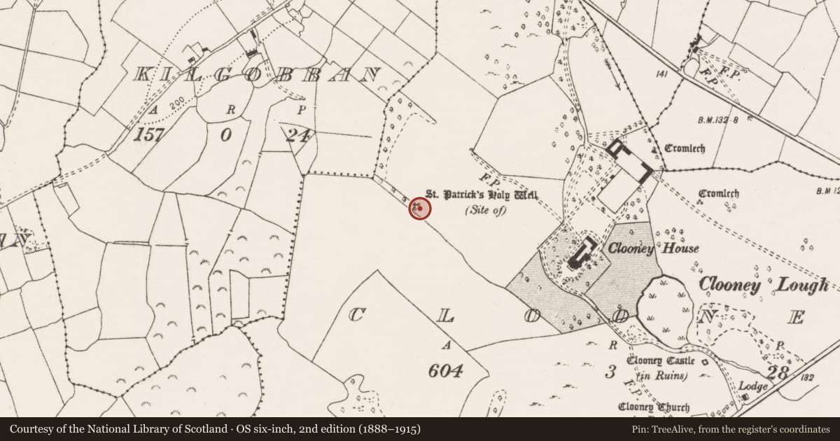 Ordnance Survey six-inch map, 2nd edition (1888–1915) covering the location of Ritual site - holy well, Clooney, County Clare, with a pin at the register's coordinates