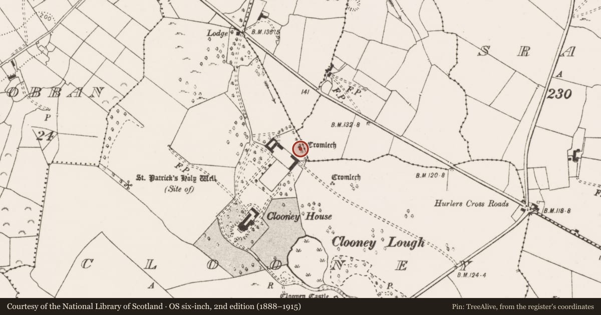 Ordnance Survey six-inch map, 2nd edition (1888–1915) covering the location of Hut site, Clooney, County Clare, with a pin at the register's coordinates