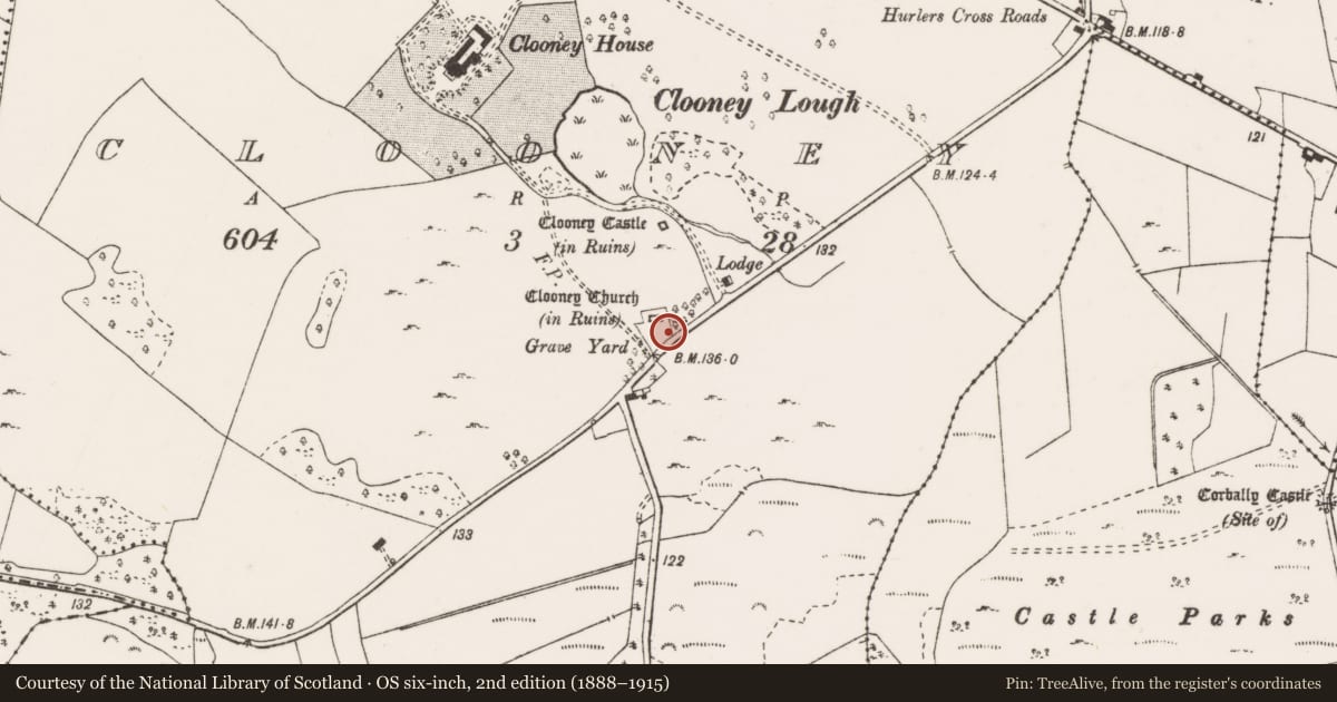 Ordnance Survey six-inch map, 2nd edition (1888–1915) covering the location of Graveyard, Clooney, County Clare, with a pin at the register's coordinates