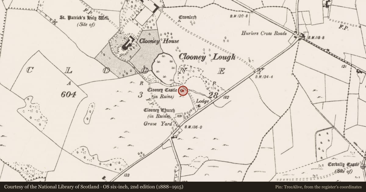 Ordnance Survey six-inch map, 2nd edition (1888–1915) covering the location of Castle - tower house, Clooney, County Clare, with a pin at the register's coordinates