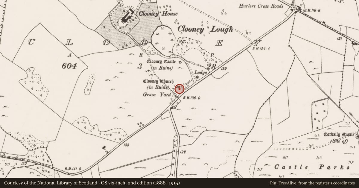 Ordnance Survey six-inch map, 2nd edition (1888–1915) covering the location of Memorial stone, Clooney, County Clare, with a pin at the register's coordinates