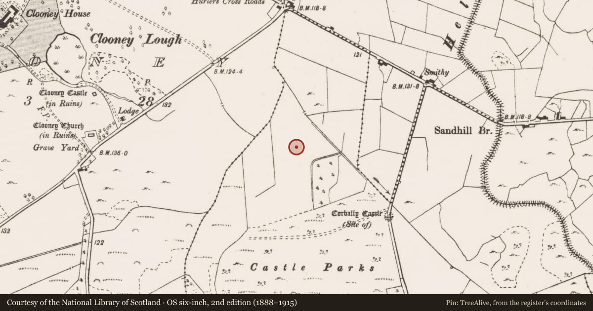 Ordnance Survey six-inch map, 2nd edition (1888–1915) covering the location of Standing stone, Corbally, County Clare, with a pin at the register's coordinates