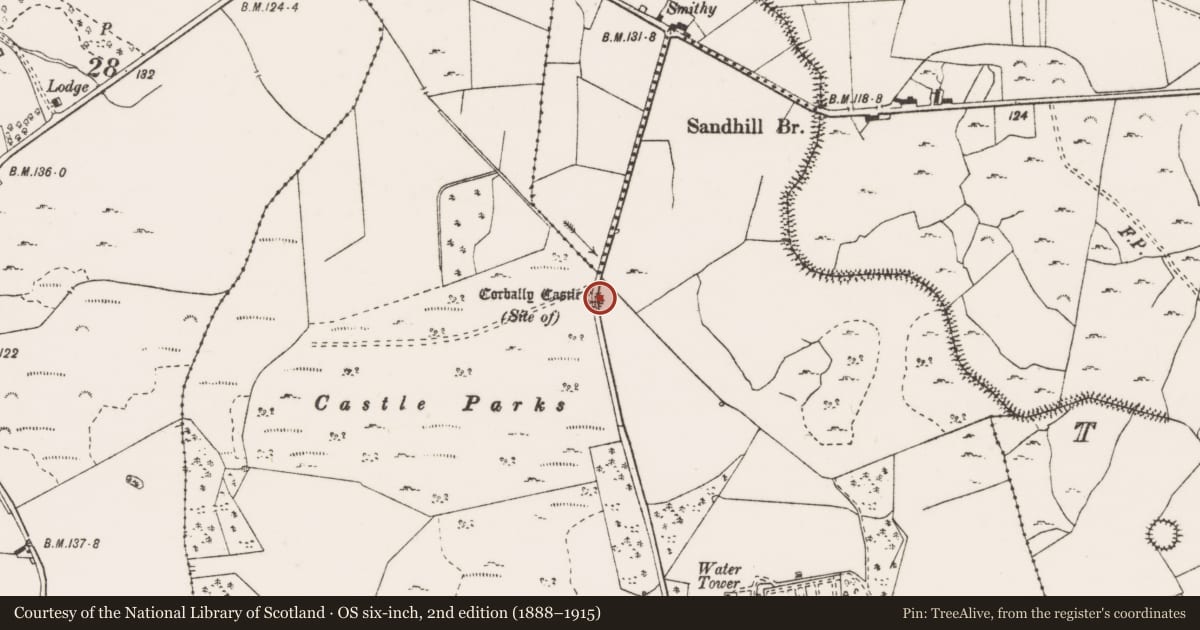 Ordnance Survey six-inch map, 2nd edition (1888–1915) covering the location of Earthwork, Corbally, County Clare, with a pin at the register's coordinates