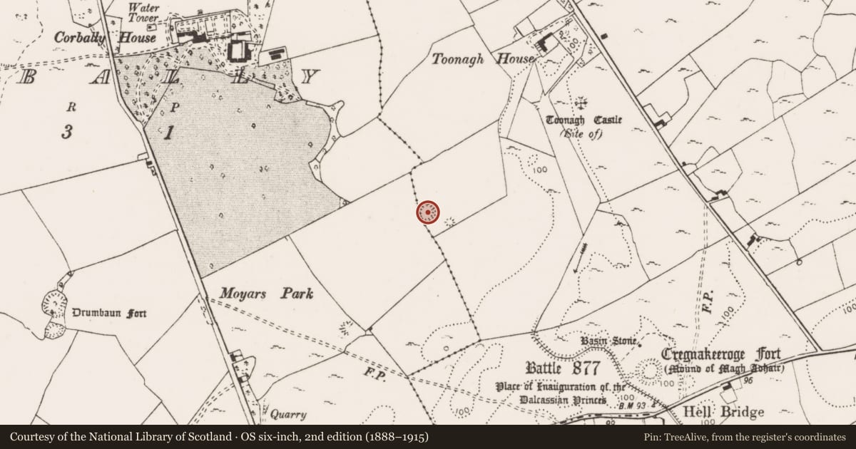 Ordnance Survey six-inch map, 2nd edition (1888–1915) covering the location of Ringfort - rath, Toonagh, County Clare, with a pin at the register's coordinates