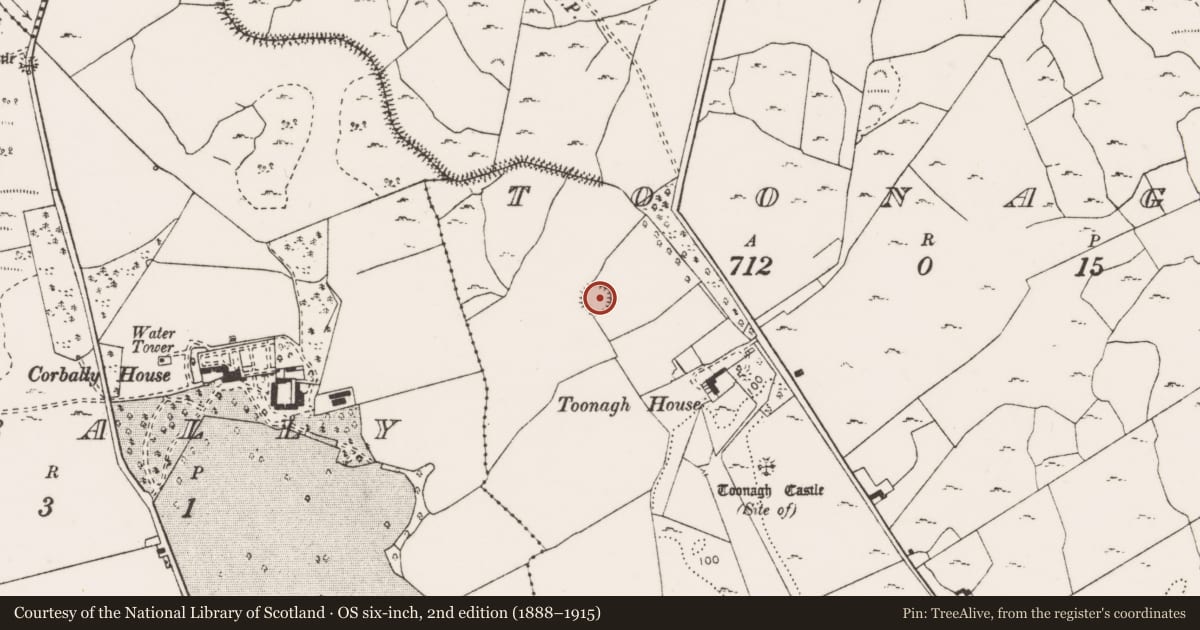 Ordnance Survey six-inch map, 2nd edition (1888–1915) covering the location of Ringfort - rath, Toonagh, County Clare, with a pin at the register's coordinates
