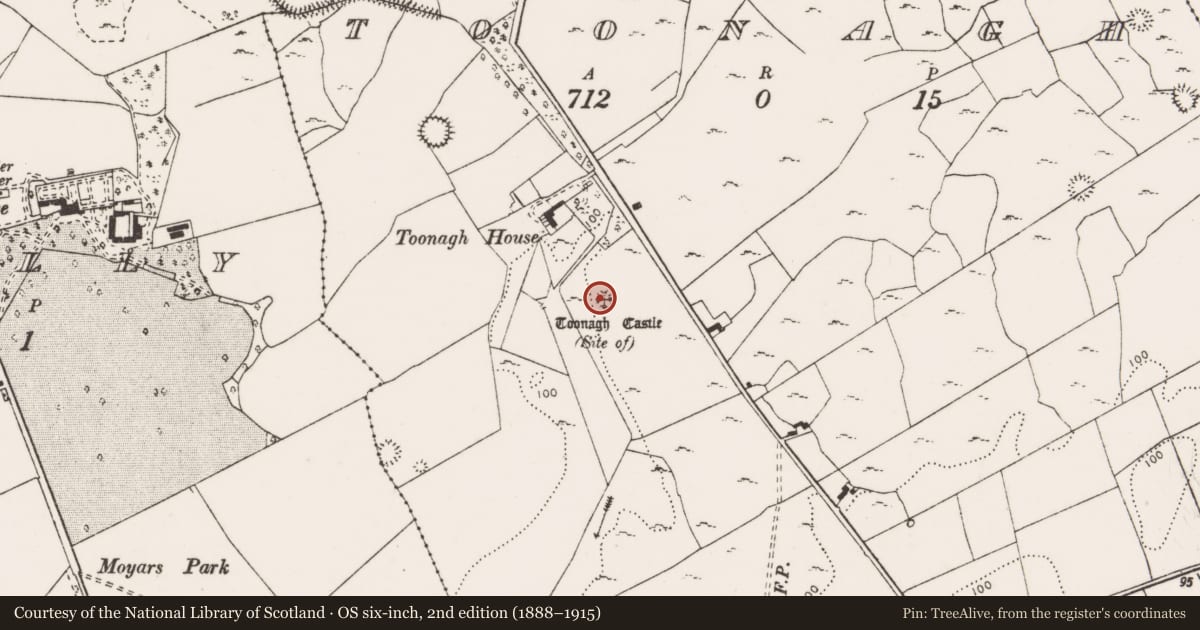 Ordnance Survey six-inch map, 2nd edition (1888–1915) covering the location of Castle - unclassified, Toonagh, County Clare, with a pin at the register's coordinates