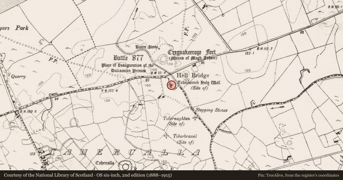 Ordnance Survey six-inch map, 2nd edition (1888–1915) covering the location of Ritual site - holy well, Cahercalla, Toonagh, County Clare, with a pin at the register's coordinates