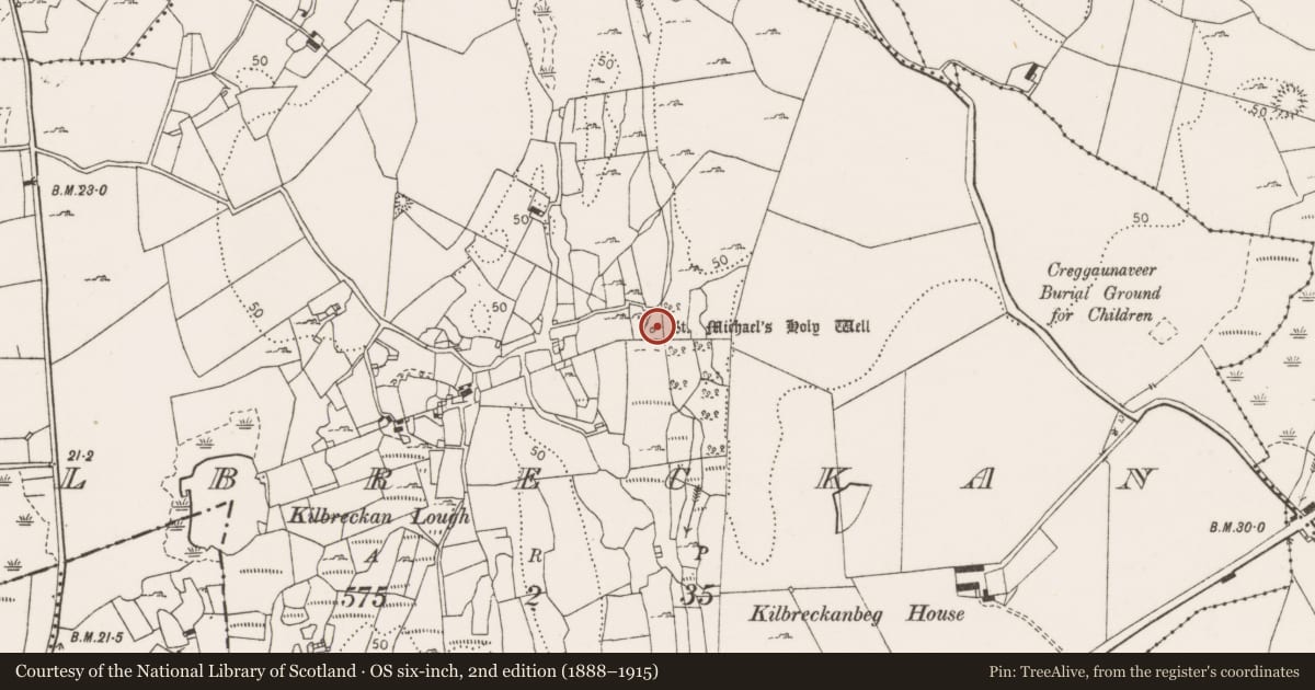 Ordnance Survey six-inch map, 2nd edition (1888–1915) covering the location of Ritual site - holy well, Kilbreckan, County Clare, with a pin at the register's coordinates