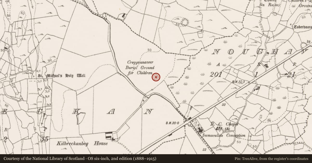 Ordnance Survey six-inch map, 2nd edition (1888–1915) covering the location of Children's burial ground, Kilbreckan, County Clare, with a pin at the register's coordinates