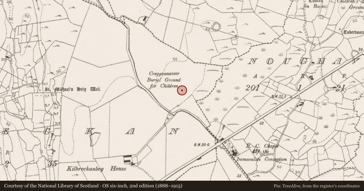 Ordnance Survey six-inch map, 2nd edition (1888–1915) covering the location of Church, Kilbreckan, County Clare, with a pin at the register's coordinates