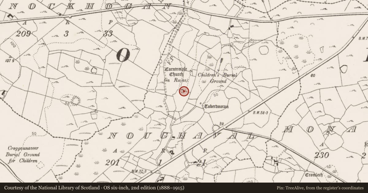 Ordnance Survey six-inch map, 2nd edition (1888–1915) covering the location of Hut site, Noughaval, County Clare, with a pin at the register's coordinates