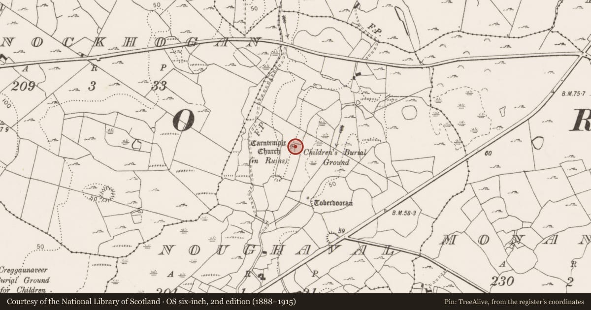 Ordnance Survey six-inch map, 2nd edition (1888–1915) covering the location of Church, Noughaval, County Clare, with a pin at the register's coordinates