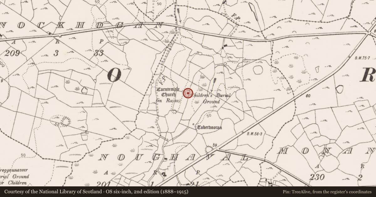 Ordnance Survey six-inch map, 2nd edition (1888–1915) covering the location of Children's burial ground, Noughaval, County Clare, with a pin at the register's coordinates