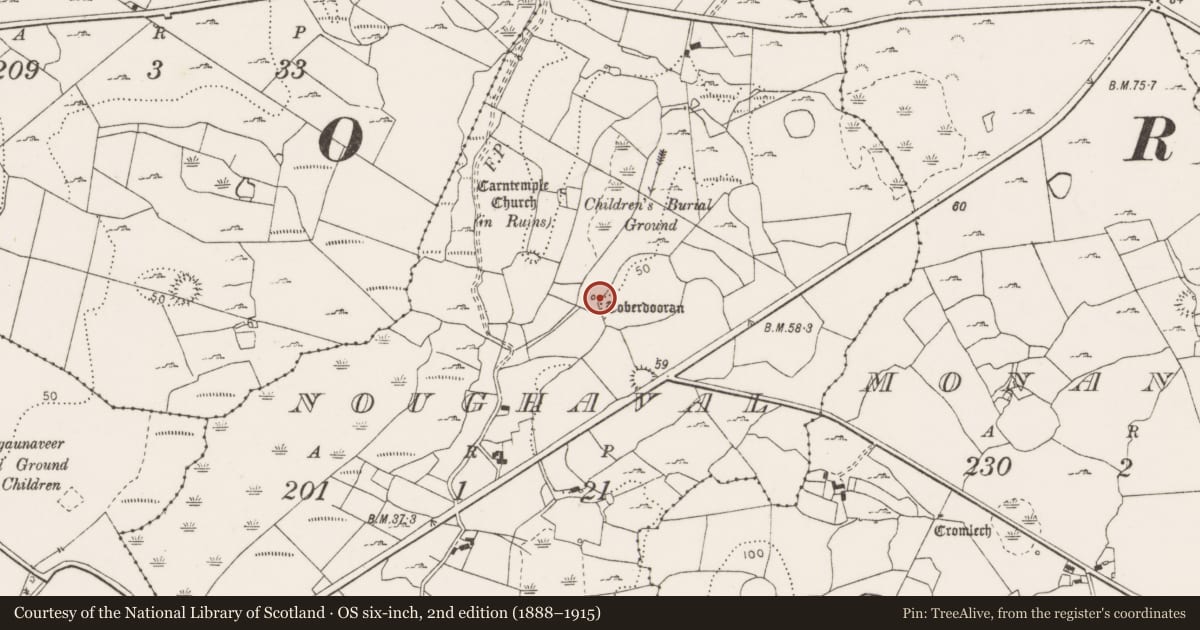 Ordnance Survey six-inch map, 2nd edition (1888–1915) covering the location of Ritual site - holy well, Noughaval, County Clare, with a pin at the register's coordinates