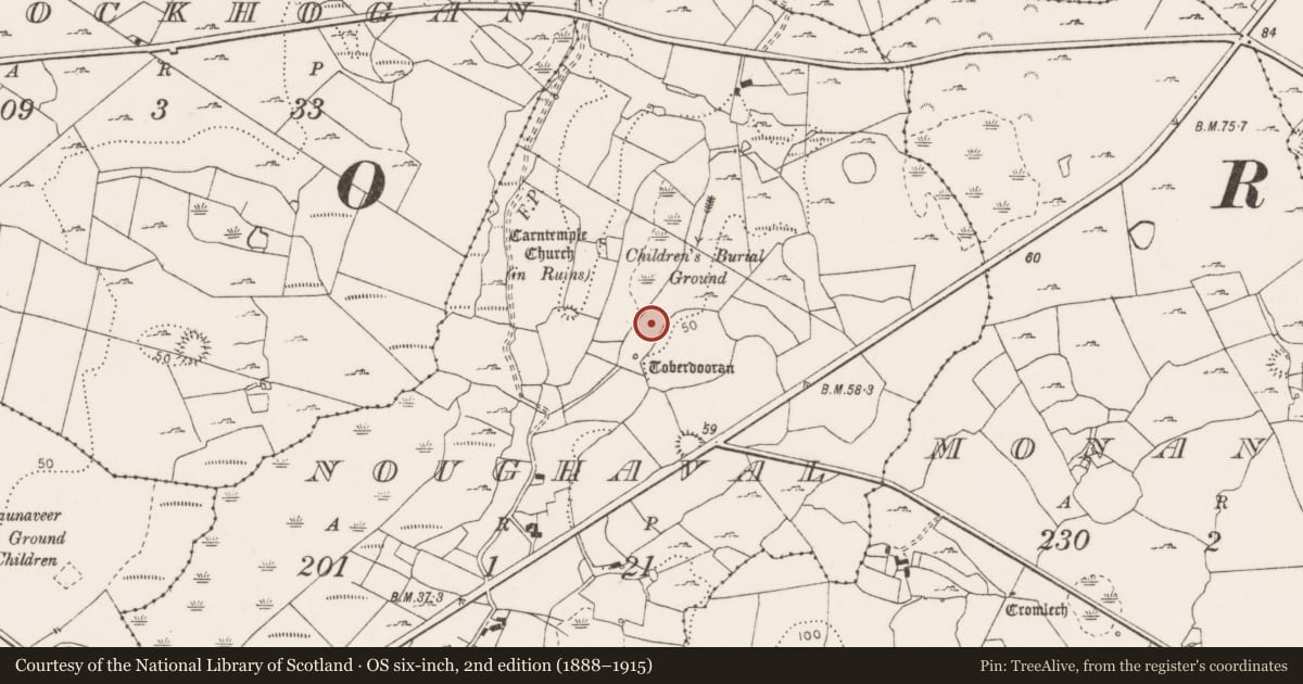 Ordnance Survey six-inch map, 2nd edition (1888–1915) covering the location of Fulacht fia, Noughaval, County Clare, with a pin at the register's coordinates