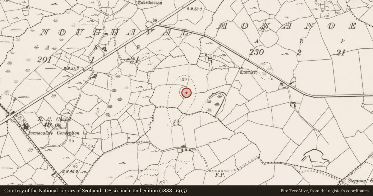 Ordnance Survey six-inch map, 2nd edition (1888–1915) covering the location of Ringfort - cashel, Monanoe, County Clare, with a pin at the register's coordinates