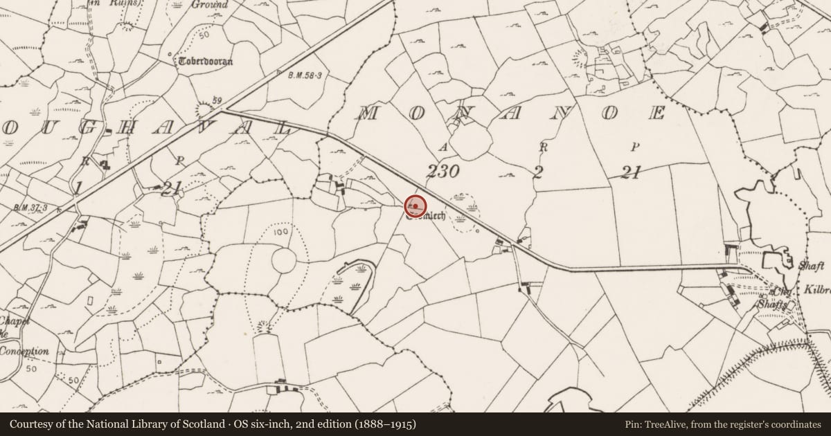 Ordnance Survey six-inch map, 2nd edition (1888–1915) covering the location of Megalithic structure, Monanoe, County Clare, with a pin at the register's coordinates