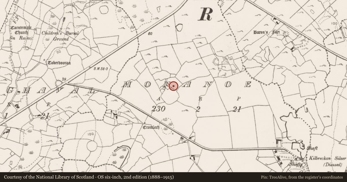 Ordnance Survey six-inch map, 2nd edition (1888–1915) covering the location of Enclosure, Monanoe, County Clare, with a pin at the register's coordinates