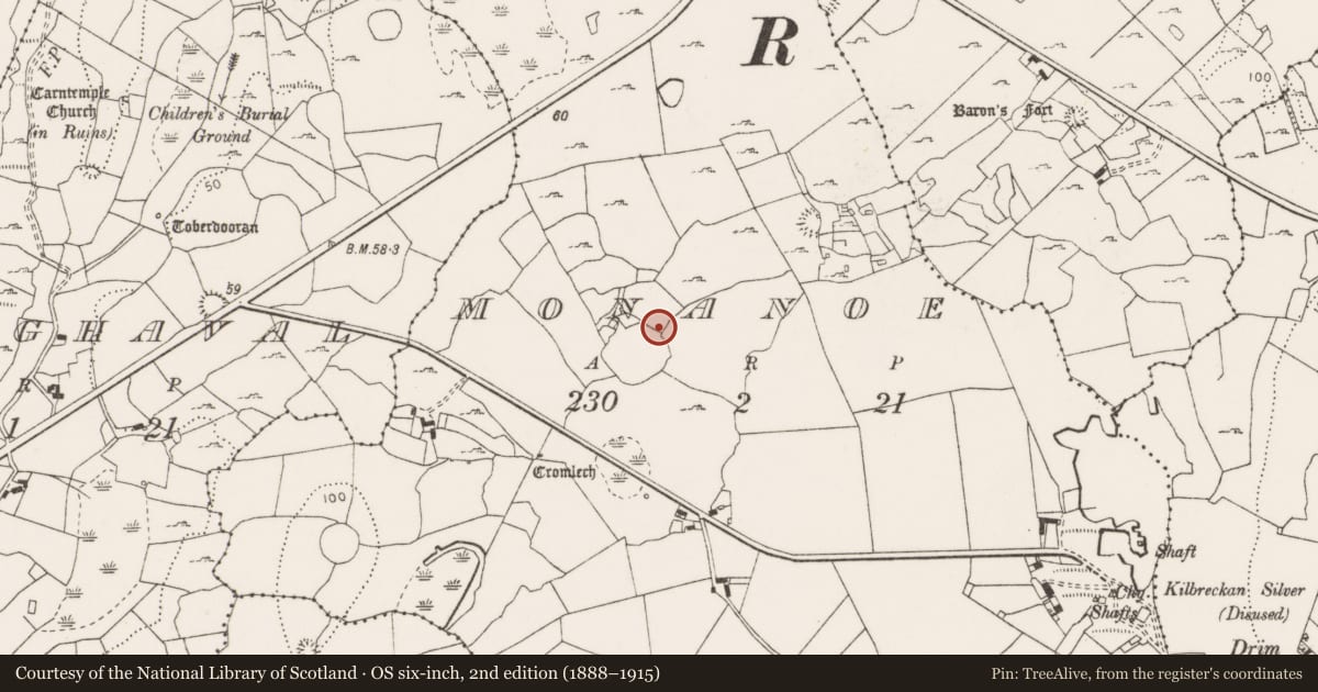 Ordnance Survey six-inch map, 2nd edition (1888–1915) covering the location of Enclosure, Monanoe, County Clare, with a pin at the register's coordinates