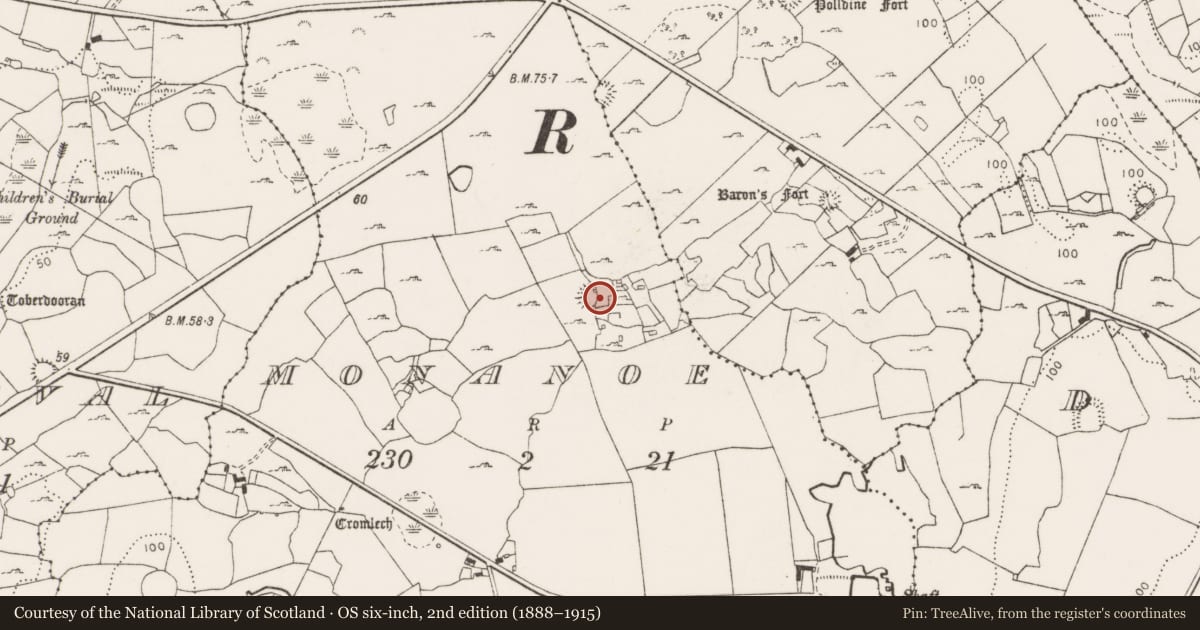Ordnance Survey six-inch map, 2nd edition (1888–1915) covering the location of Ringfort - cashel, Monanoe, County Clare, with a pin at the register's coordinates