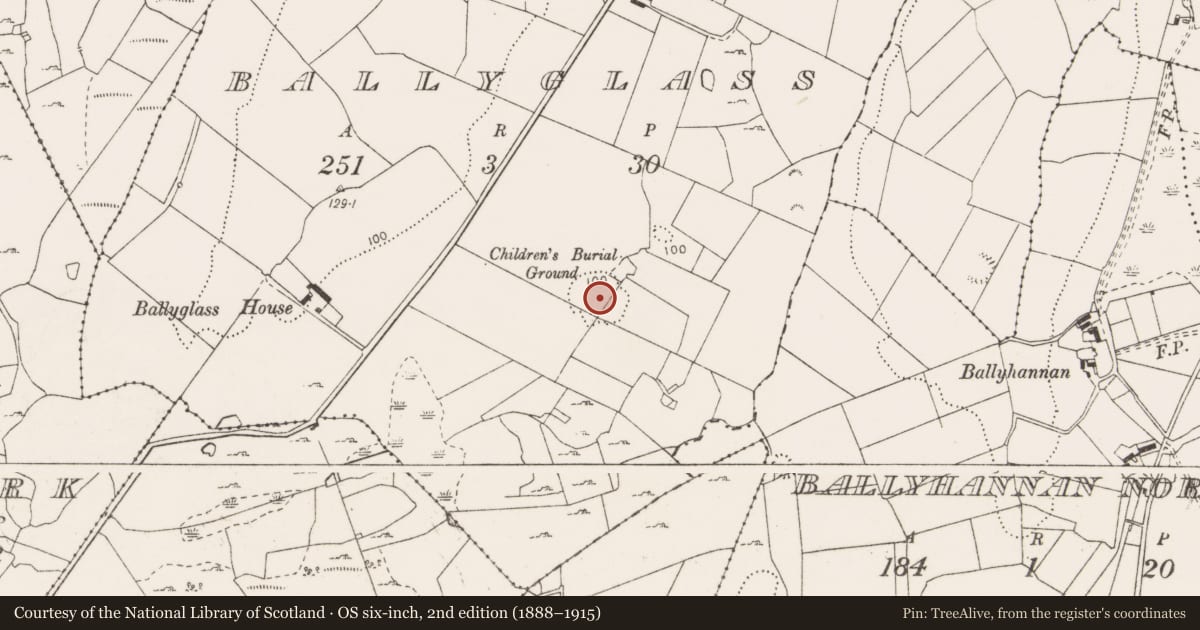 Ordnance Survey six-inch map, 2nd edition (1888–1915) covering the location of Building, Ballyglass, County Clare, with a pin at the register's coordinates