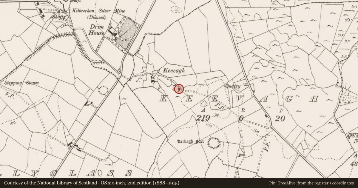 Ordnance Survey six-inch map, 2nd edition (1888–1915) covering the location of Ringfort - cashel, Keevagh, County Clare, with a pin at the register's coordinates