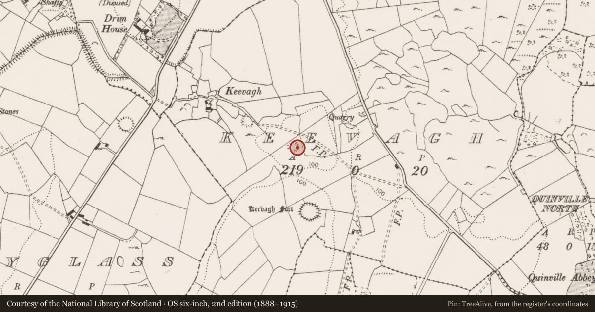 Ordnance Survey six-inch map, 2nd edition (1888–1915) covering the location of Ringfort - rath, Keevagh, County Clare, with a pin at the register's coordinates