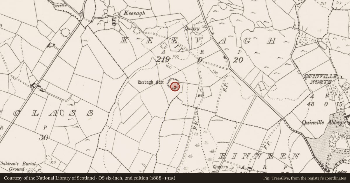 Ordnance Survey six-inch map, 2nd edition (1888–1915) covering the location of Ringfort - rath, Keevagh, County Clare, with a pin at the register's coordinates