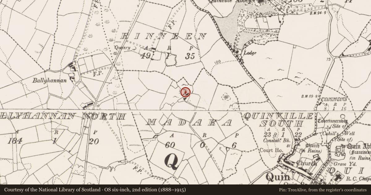 Ordnance Survey six-inch map, 2nd edition (1888–1915) covering the location of Ringfort - cashel, Madara, County Clare, with a pin at the register's coordinates