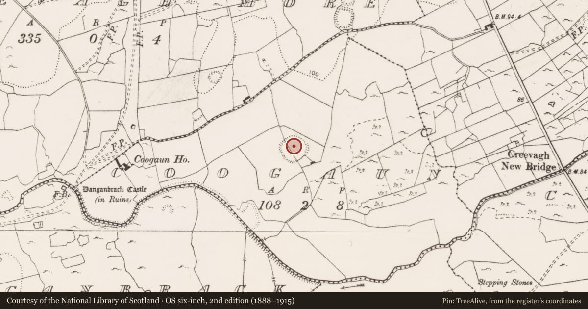 Ordnance Survey six-inch map, 2nd edition (1888–1915) covering the location of Henge, Coogaun, County Clare, with a pin at the register's coordinates