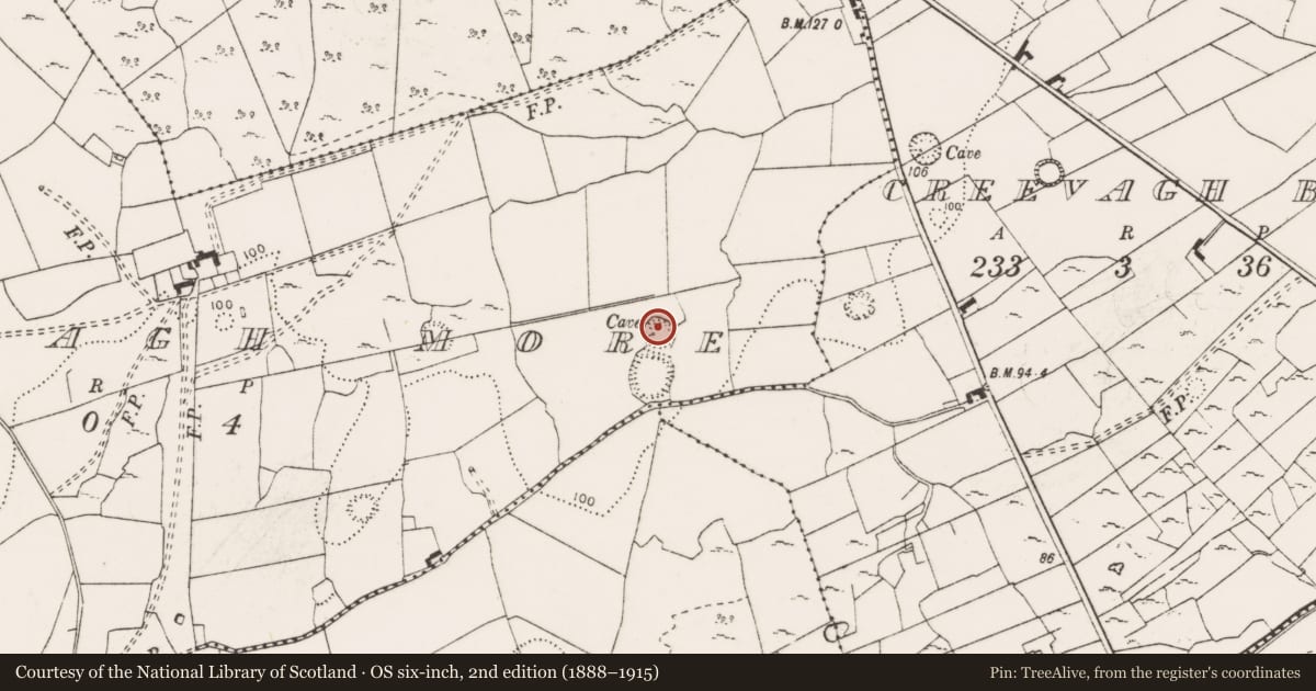 Ordnance Survey six-inch map, 2nd edition (1888–1915) covering the location of Souterrain, Creevagh More, County Clare, with a pin at the register's coordinates