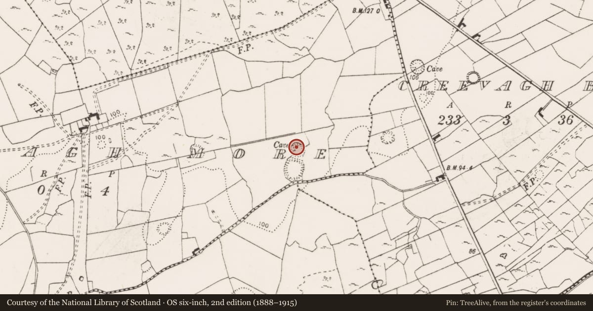 Ordnance Survey six-inch map, 2nd edition (1888–1915) covering the location of House - indeterminate date, Creevagh More, County Clare, with a pin at the register's coordinates