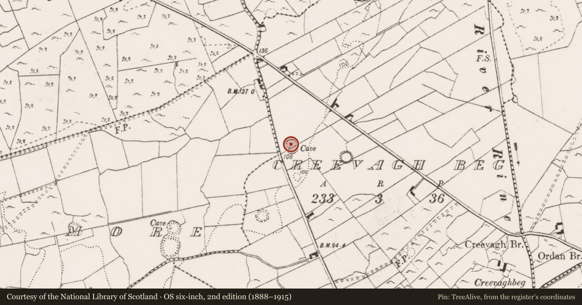 Ordnance Survey six-inch map, 2nd edition (1888–1915) covering the location of Souterrain, Creevagh Beg, County Clare, with a pin at the register's coordinates