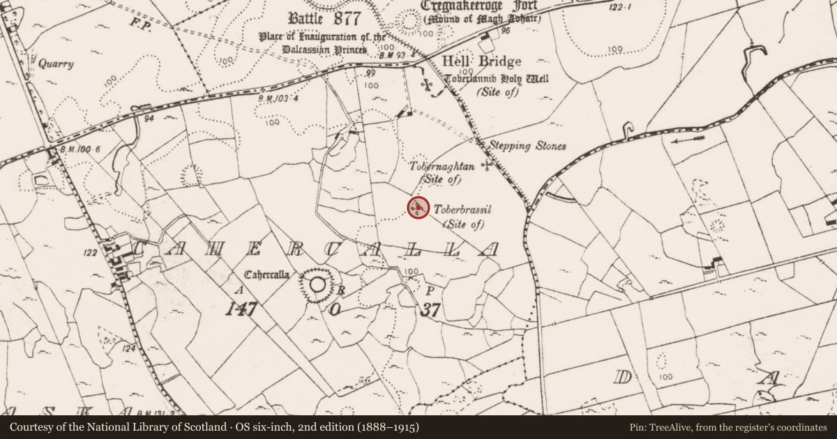 Ordnance Survey six-inch map, 2nd edition (1888–1915) covering the location of Ritual site - holy well, Cahercalla, County Clare, with a pin at the register's coordinates