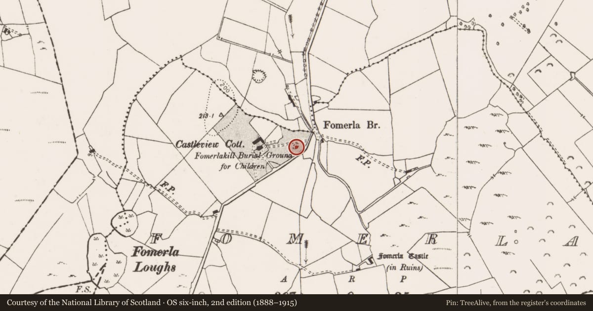 Ordnance Survey six-inch map, 2nd edition (1888–1915) covering the location of Children's burial ground, Fomerla, County Clare, with a pin at the register's coordinates