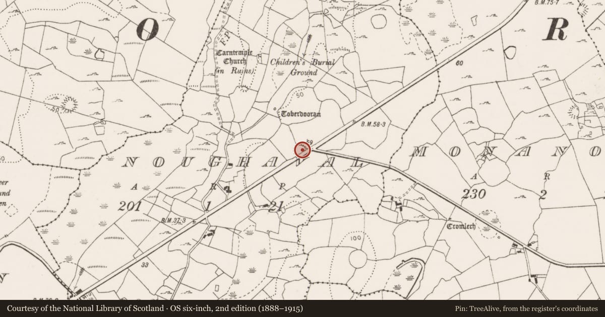 Ordnance Survey six-inch map, 2nd edition (1888–1915) covering the location of Ringfort - rath, Noughaval, County Clare, with a pin at the register's coordinates