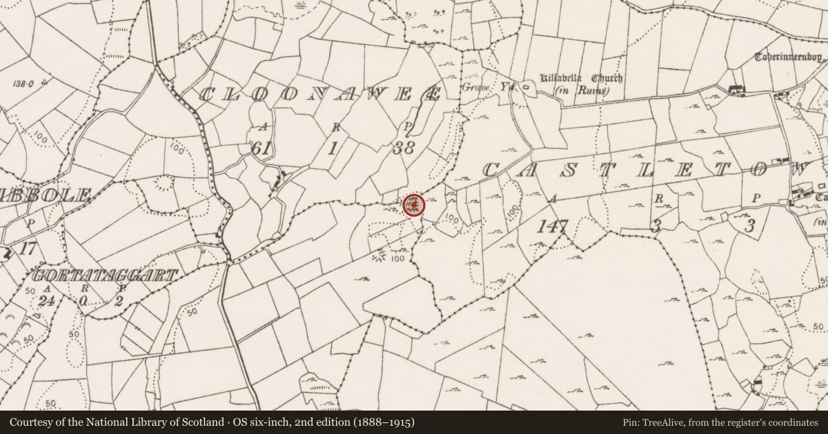 Ordnance Survey six-inch map, 2nd edition (1888–1915) covering the location of Earthwork, County Clare, with a pin at the register's coordinates