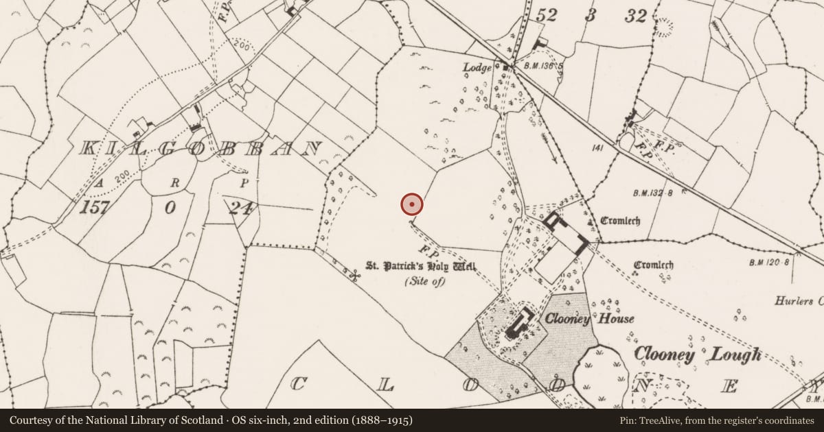 Ordnance Survey six-inch map, 2nd edition (1888–1915) covering the location of Fulacht fia, Clooney, County Clare, with a pin at the register's coordinates