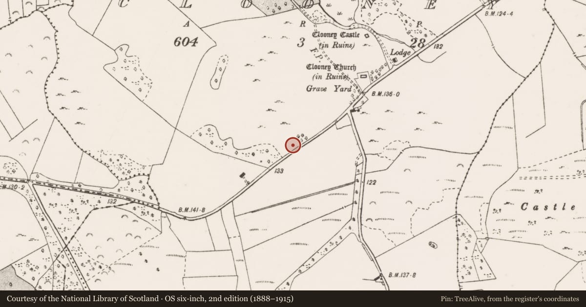 Ordnance Survey six-inch map, 2nd edition (1888–1915) covering the location of Fulacht fia, Clooney, County Clare, with a pin at the register's coordinates