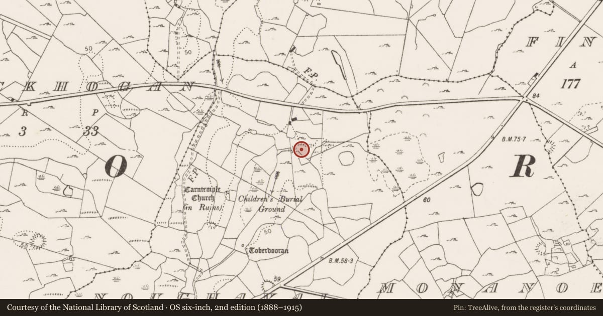 Ordnance Survey six-inch map, 2nd edition (1888–1915) covering the location of Fulacht fia, Noughaval, County Clare, with a pin at the register's coordinates