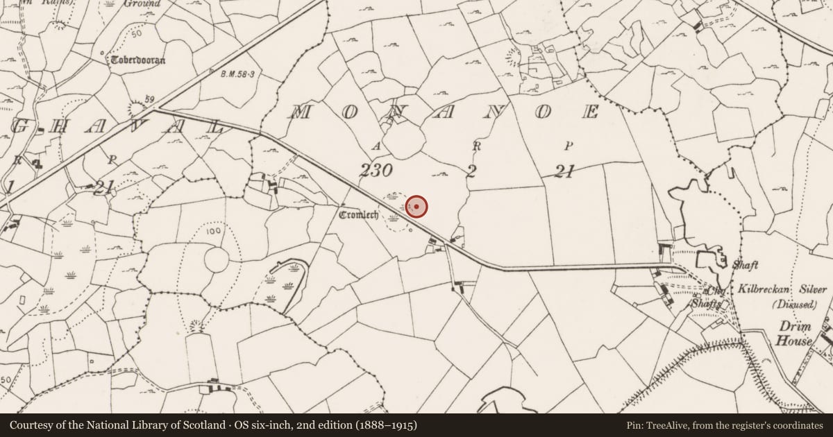 Ordnance Survey six-inch map, 2nd edition (1888–1915) covering the location of Fulacht fia, Monanoe, County Clare, with a pin at the register's coordinates