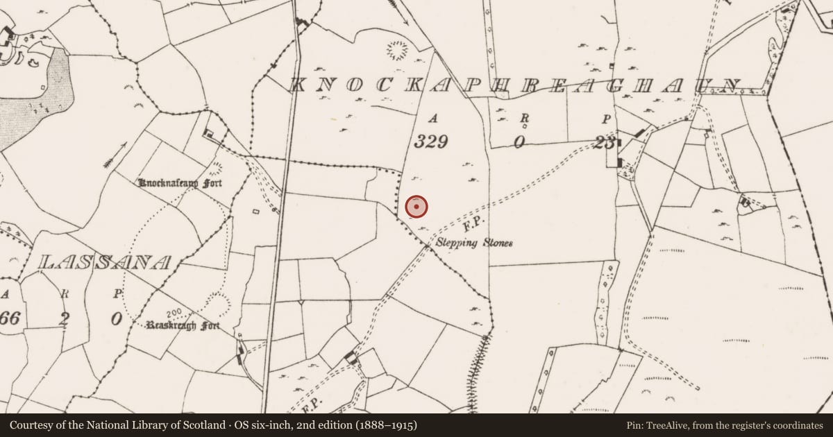Ordnance Survey six-inch map, 2nd edition (1888–1915) covering the location of Enclosure, Knockaphreaghaun, County Clare, with a pin at the register's coordinates
