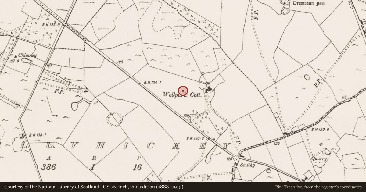 Ordnance Survey six-inch map, 2nd edition (1888–1915) covering the location of Field system, Ballyhickey, County Clare, with a pin at the register's coordinates