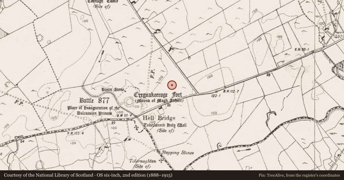 Ordnance Survey six-inch map, 2nd edition (1888–1915) covering the location of Fulacht fia, Toonagh, County Clare, with a pin at the register's coordinates