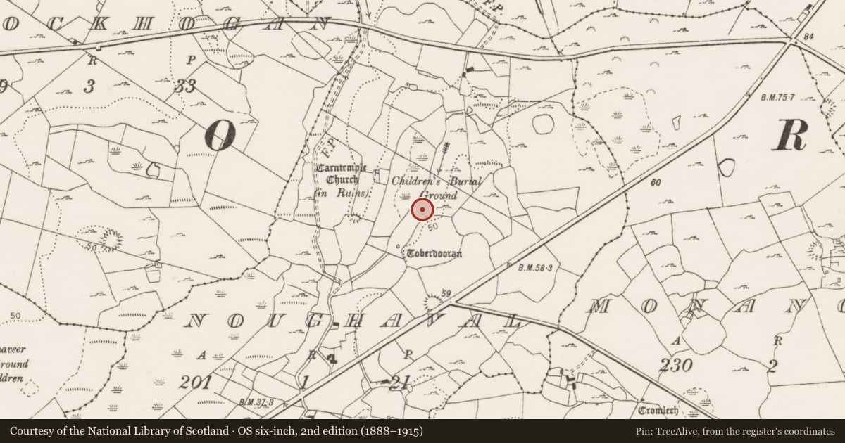 Ordnance Survey six-inch map, 2nd edition (1888–1915) covering the location of Fulacht fia, Noughaval, County Clare, with a pin at the register's coordinates