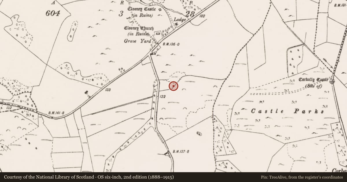 Ordnance Survey six-inch map, 2nd edition (1888–1915) covering the location of Fulacht fia, Clooney, County Clare, with a pin at the register's coordinates
