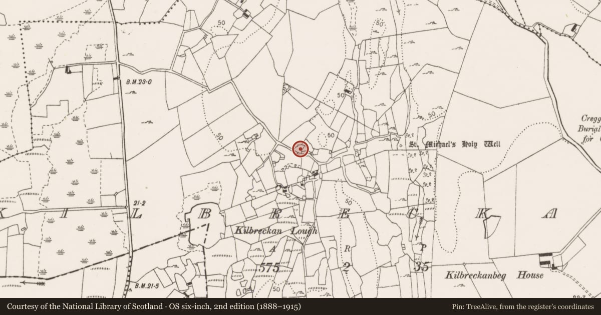 Ordnance Survey six-inch map, 2nd edition (1888–1915) covering the location of House - indeterminate date, Kilbreckan, County Clare, with a pin at the register's coordinates